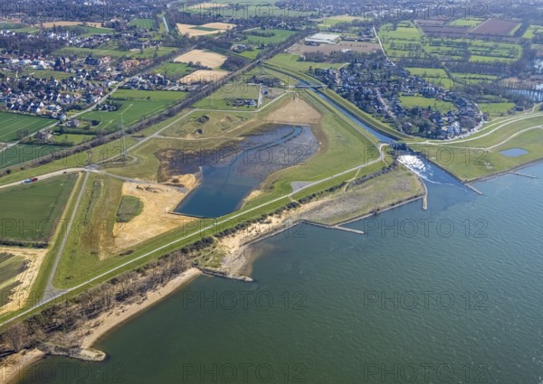 Aerial view, Rhine dyke construction site, new and old Emscher estuary, drop structure Emscher