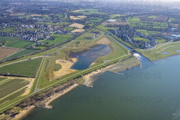 Aerial view, Rhine dyke construction site, new and old Emscher estuary, drop structure Emscher