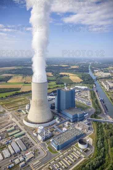 Aerial view of the power plant facilities and exhaust gas towers of the coal-fired power plant