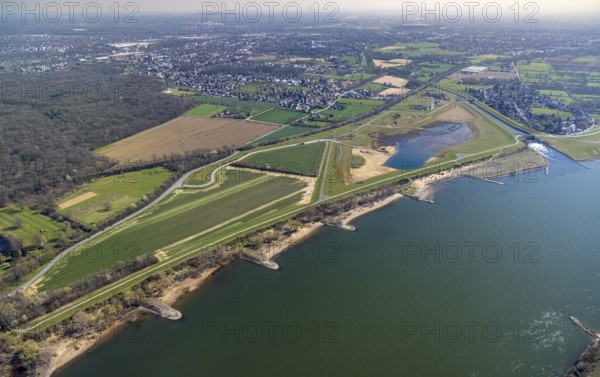 Aerial view, Rhine dyke construction site, new and old Emscher estuary, drop structure Emscher