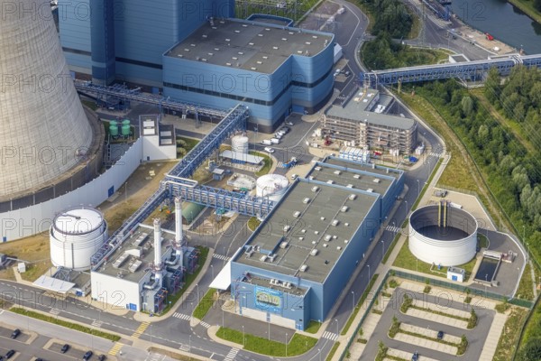 Aerial view of the power plant facilities and exhaust gas towers of the coal-fired power plant