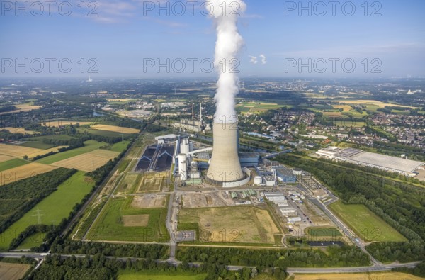 Aerial view of the power plant facilities and exhaust gas towers of the coal-fired power plant