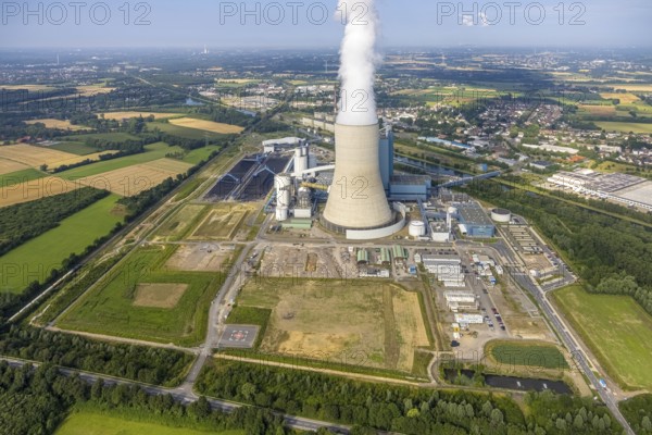 Aerial view of the power plant facilities and exhaust gas towers of the coal-fired power plant