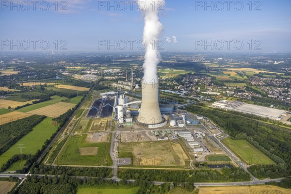 Aerial view of the power plant facilities and exhaust gas towers of the coal-fired power plant