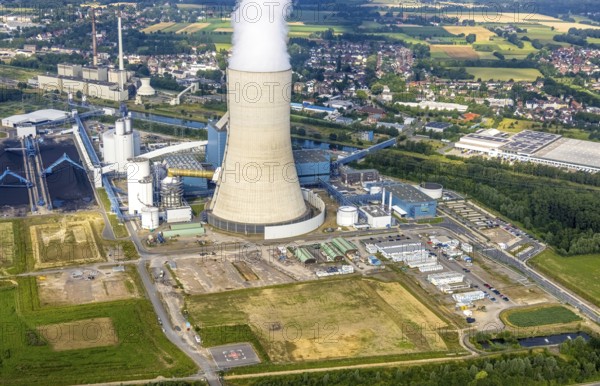 Aerial view of the power plant facilities and exhaust gas towers of the coal-fired power plant