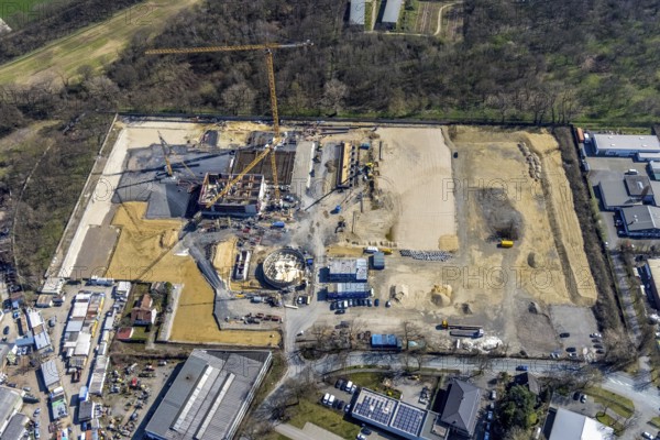 Aerial view, construction site new wood-fired power station at Thyssenstraße, Averbruch, Dinslaken,
