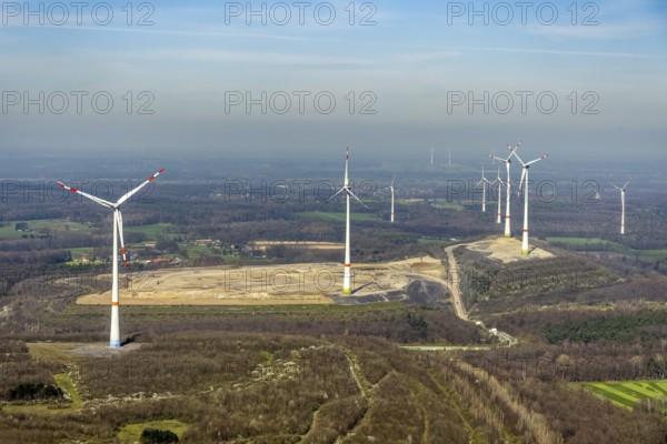 Aerial view, construction site, Halde Lohberg Norderweiterung, wind turbines, Oberlohberg,