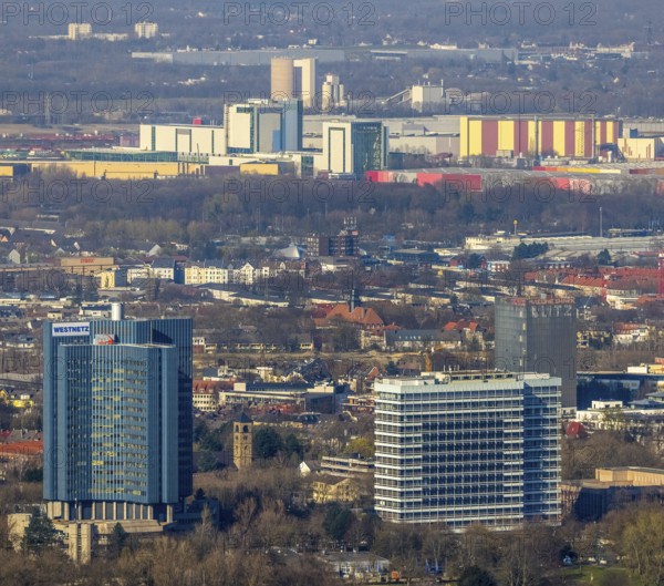 Aerial view, city view, Westnetz building, innogy SE, view to the north, in the background Holcim