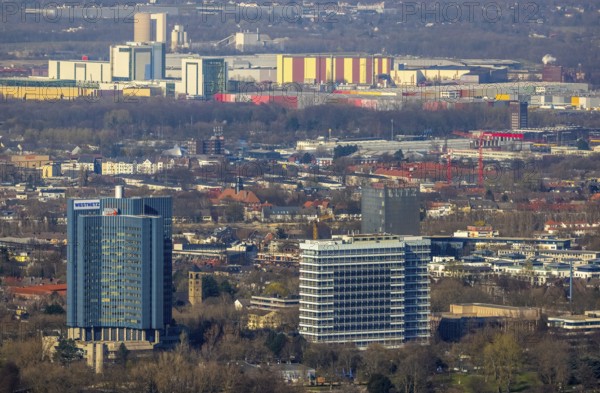 Aerial view, city view, Westnetz building, innogy SE, view to the north, in the background Holcim
