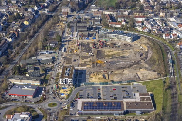 Aerial view, Hombrucher Bogen, construction site for commercial areas and apartment buildings,
