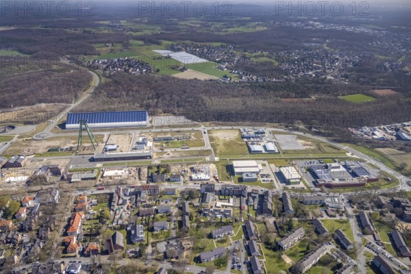 Aerial view, Bergpark Lohberg, former Lohberg colliery site, winding tower, water tower, Lohberg
