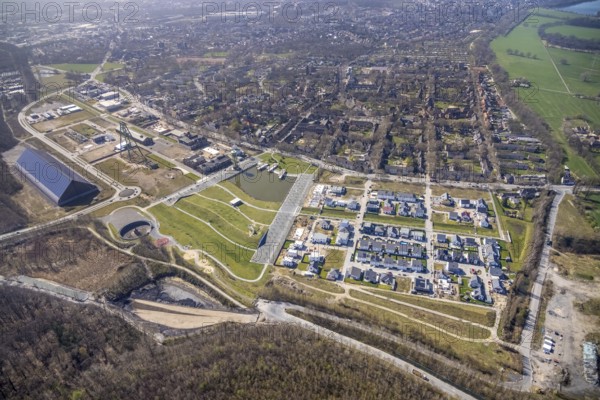 Aerial view, construction site new housing estate at Bergpark Lohberg, living in Kreativ.Quartier