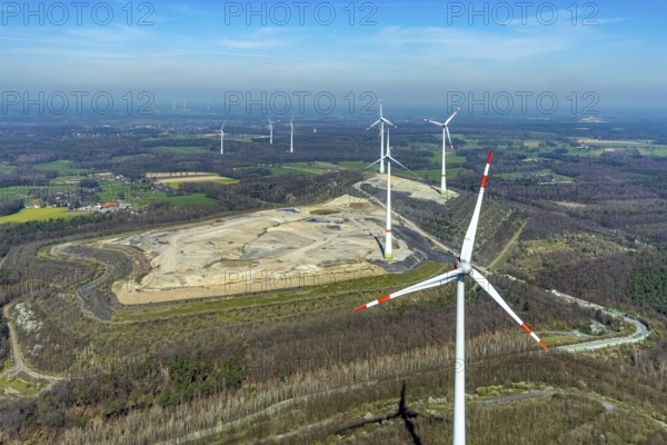Aerial view, construction site, Halde Lohberg Norderweiterung, wind turbines, Bruckhausen, Hünxe,