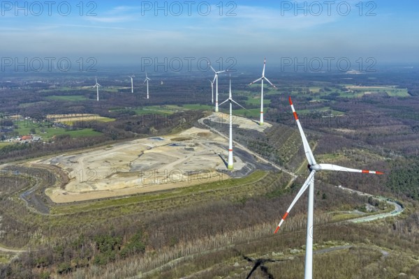 Aerial view, construction site, Halde Lohberg Norderweiterung, wind turbines, Bruckhausen, Hünxe,
