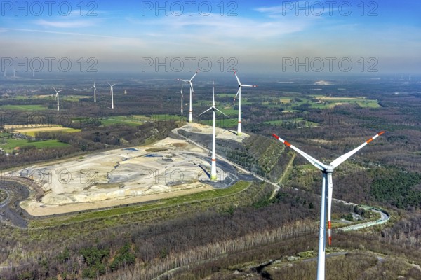 Aerial view, construction site, Halde Lohberg Norderweiterung, wind turbines, Bruckhausen, Hünxe,