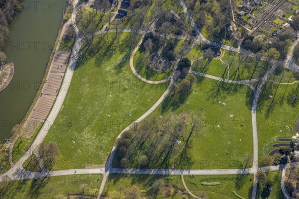 Aerial view, lawn in Westfalenpark, spring weather on Dortmund's lawns, Dortmund, Ruhr area, North