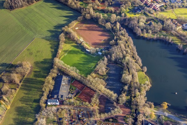 Aerial view of Barkenbergsee with sports field of SuS Grün Weiß Barkenberg and Tennis Park Wulfen