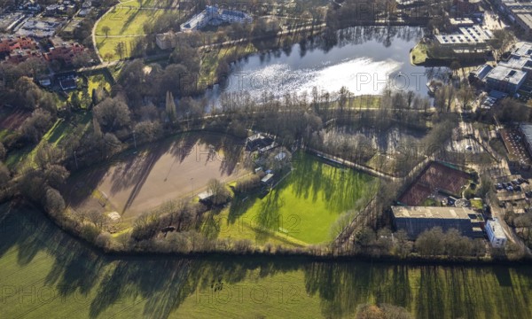 Aerial view of Barkenbergsee with sports field of SuS Grün Weiß Barkenberg and Tennis Park Wulfen