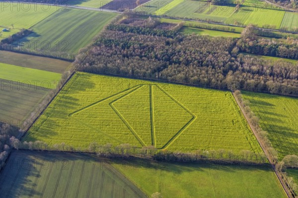 Aerial view with traces in the landscape in Dorsten in the Ruhr area in North Rhine-Westphalia,
