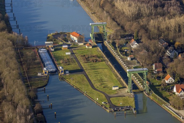 Aerial view large lock Dorsten on the Wesel-Datteln Canal near Dorsten in the Ruhr area in North
