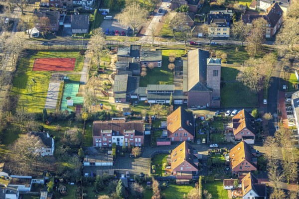 Aerial view of St. Josef Church and St. Josef Kindergarten in Dorsten in the Ruhr area in North