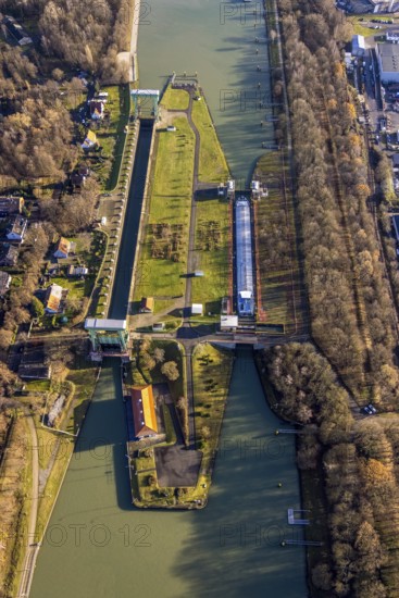 Aerial view large lock Dorsten on the Wesel-Datteln Canal near Dorsten in the Ruhr area in North