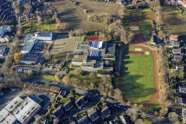 Aerial view of the sports field at the St. Ursula Realschule and Agathaschule in Dorsten in the