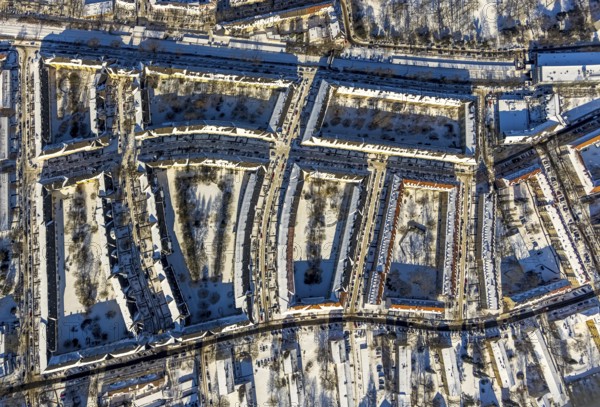 Aerial view, residential area Rheinische Straße, Althoffblock in the snow, Dorstfelder Brücke,