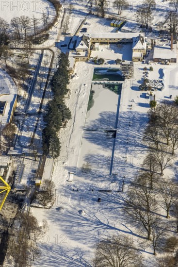 Aerial view, outdoor swimming pool Volksbad im Schnee an der Westfalenhalle, Dortmund, Ruhr area,