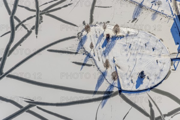 Aerial view, snowy Phoenix Lake, Hörde, Dortmund, Ruhr area, North Rhine-Westphalia, Germany, DE,