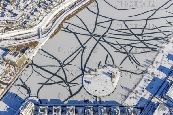Aerial view, snowy Phoenix Lake, Hörde, Dortmund, Ruhr area, North Rhine-Westphalia, Germany, DE,