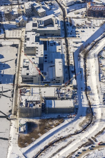 Aerial view, snow-covered Phoenix Lake, construction site of a retirement home, Hörde, Dortmund,