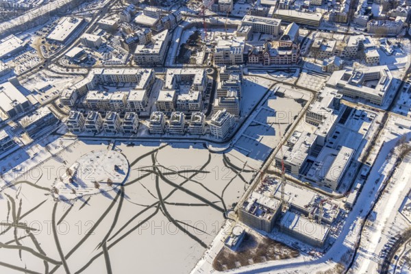 Aerial view, snow-covered Phoenix Lake, Hörder Burg, construction site of a retirement home, Hörde,