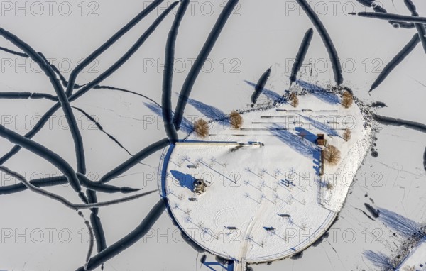 Aerial view, snow-covered Phoenix Lake, Hörde, Dortmund, Ruhr area, North Rhine-Westphalia,