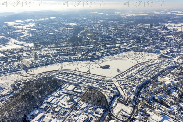 Aerial view, snowy Phoenix Lake, Hörde, Dortmund, Ruhr area, North Rhine-Westphalia, Germany, DE,