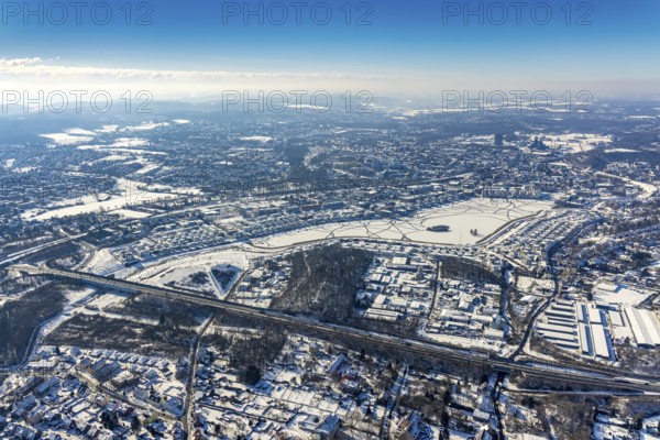 Aerial view, snowy Phoenix Lake, Hörde, Dortmund, Ruhr area, North Rhine-Westphalia, Germany, DE,