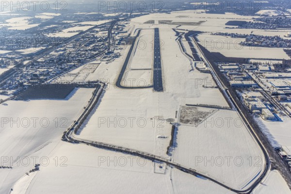 Aerial photo, Dortmund airport in winter, Wickede, Dortmund, Ruhr area, North Rhine-Westphalia,