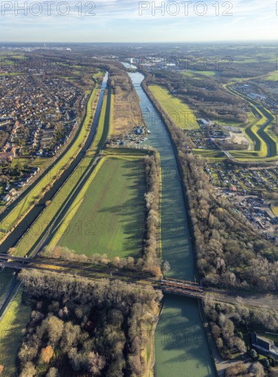 Aerial view Wesel-Datteln Canal with river Lippe and Lippe floodplain in Dorsten in the Ruhr area