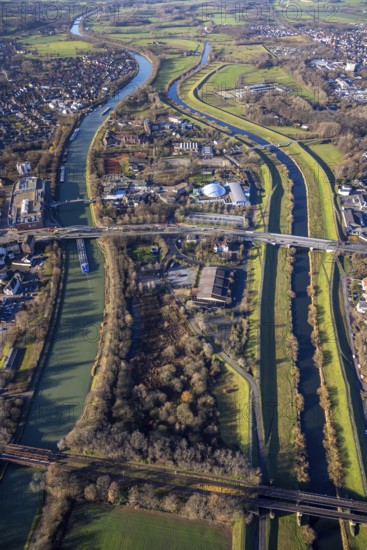 Aerial view Wesel-Datteln-Kanal with river Lippe and Lippeaue and Gymnasium Petrinum and leisure