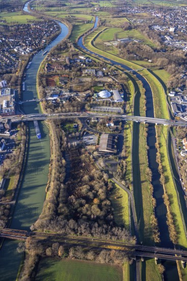 Aerial view Wesel-Datteln-Kanal with river Lippe and Lippeaue and Gymnasium Petrinum and leisure