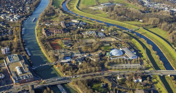 Aerial view Wesel-Datteln-Canal with river Lippe and Lippe floodplain and Gymnasium Petrinum and