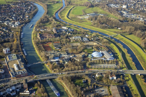 Aerial view Wesel-Datteln-Kanal with river Lippe and Lippeaue and Gymnasium Petrinum and leisure