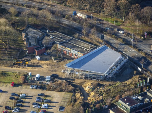 Aerial view of a construction site and new construction of a skate park in Dorsten in the Ruhr area
