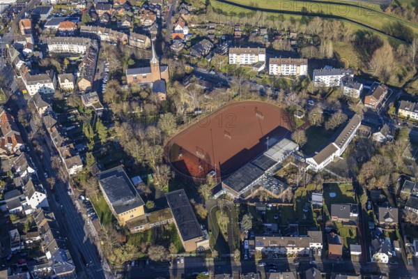 Aerial view of St John's Church in Beethovenstraße and St John's Catholic Kindergarten and