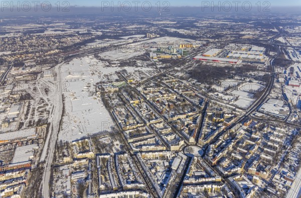 Aerial view, Westfalenhütte site, winter at Borsigplatz, Dortmund, Ruhr area, North