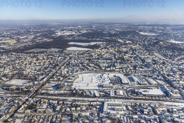 Aerial view, Hombrucher Bogen, construction site for commercial areas and apartment buildings,