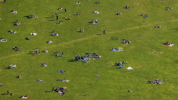 Aerial view, the Tremoniapark a large playground and sunbathing lawn, spring weather on Dortmund's