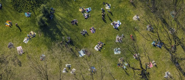 Aerial view, lawns in Westpark, spring weather on Dortmund's lawns, Dortmund, Ruhr area, North