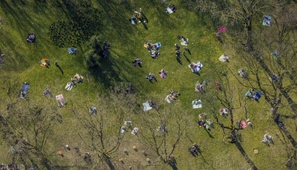 Aerial view, lawns in Westpark, spring weather on Dortmund's lawns, Dortmund, Ruhr area, North