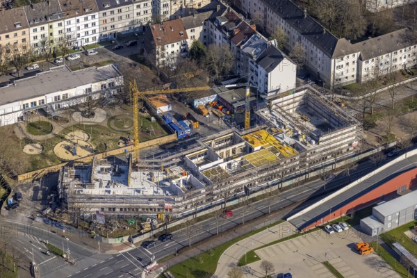 Aerial view, construction site at Sunderweg corner Speestraße for the new Lessing primary school,
